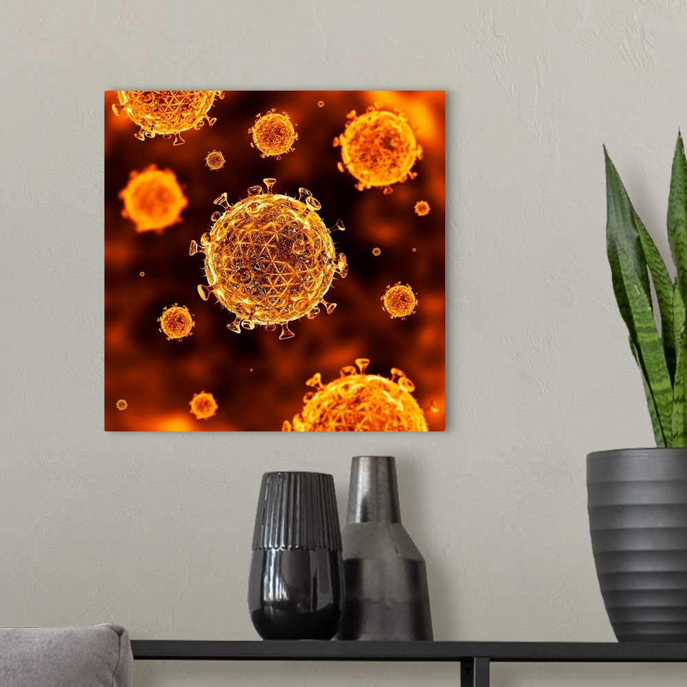 A modern room featuring HIV virus particles, computer artwork. Each particle (virion) consists of RNA (ribonucleic acid) ...