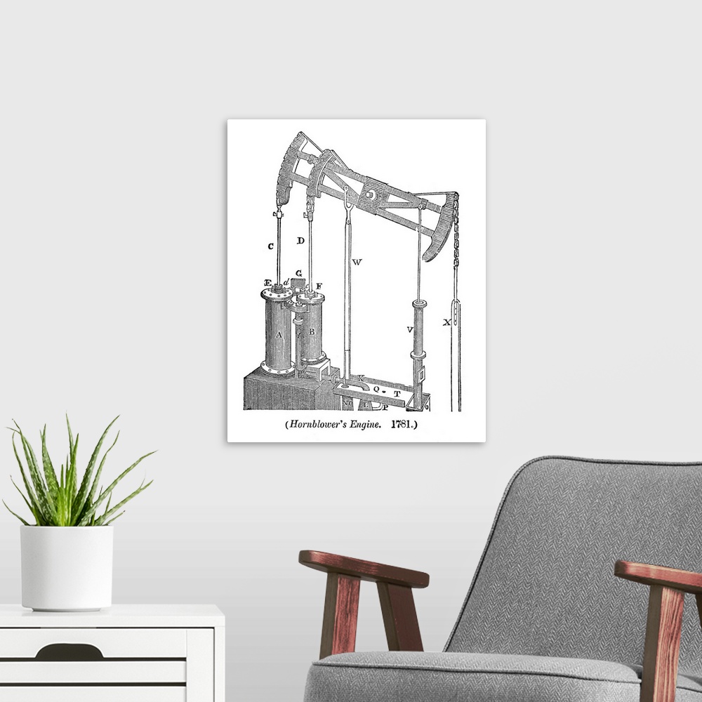 A modern room featuring Hornblower's engine. Historical artwork of Hornblower's steam engine that was patented in 1781. J...