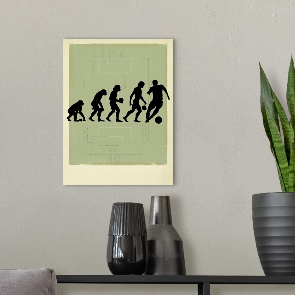 A modern room featuring Human evolution. Conceptual image of a sequence showing primates evolving to hominids, early huma...