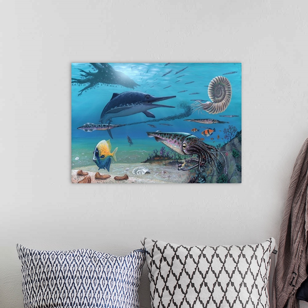 A bohemian room featuring Ichthyosaur and prey. Artwork of an Ichthyosaurus marine reptile (centre left) hunting its prey, ...