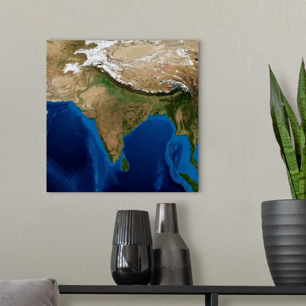 A modern room featuring India. Blue Marble: Next Generation cloud-free topographic and bathymetric map of India and surro...