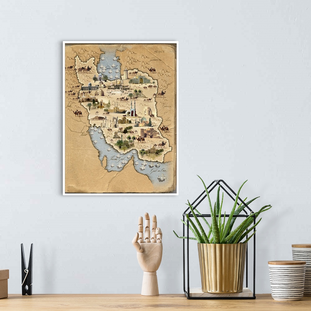 A bohemian room featuring Iran, pictorial map. This map shows Iran (centre) and the countries surrounding it. Pictures of c...