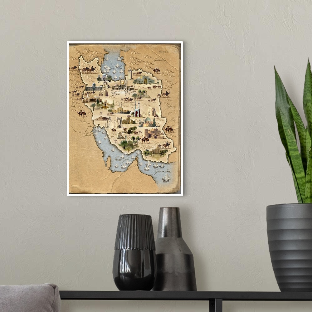 A modern room featuring Iran, pictorial map. This map shows Iran (centre) and the countries surrounding it. Pictures of c...