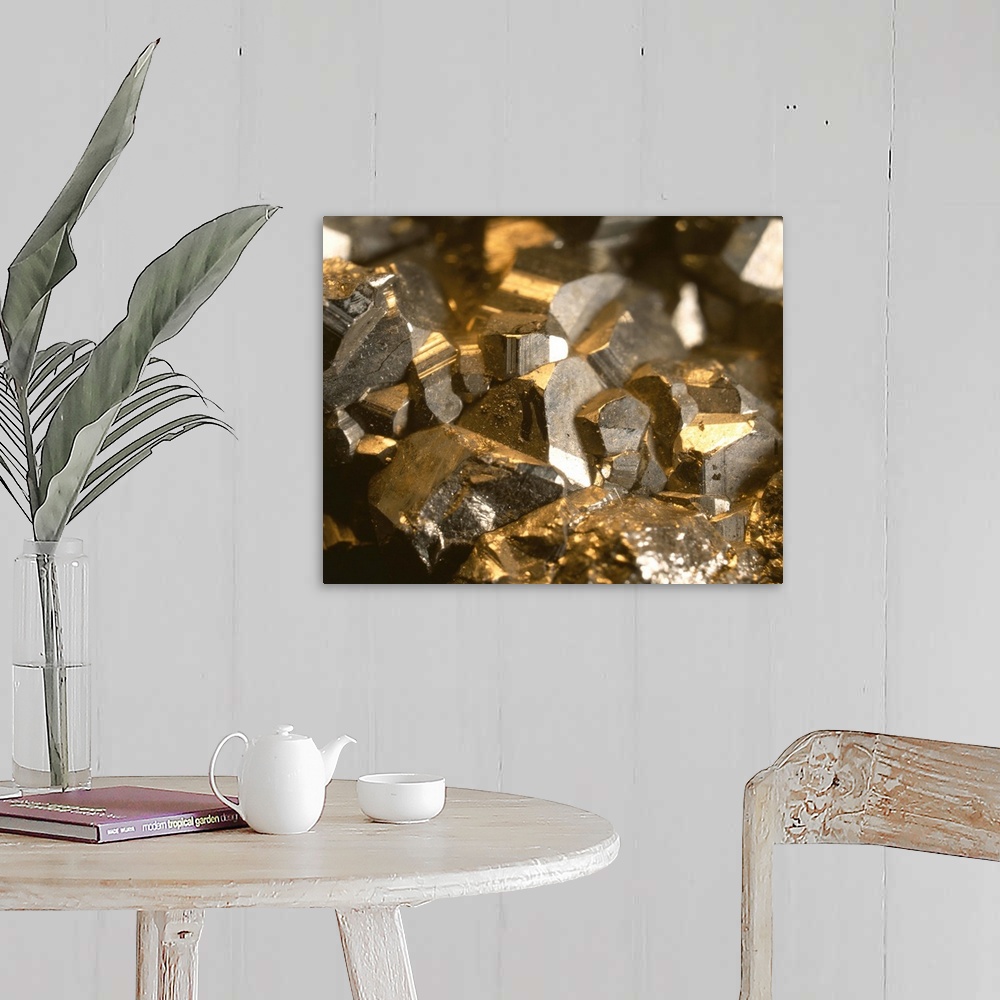 A farmhouse room featuring Iron pyrites. Macrophotograph of crystals of iron pyrites, a crystalline form of iron sulphide (F...