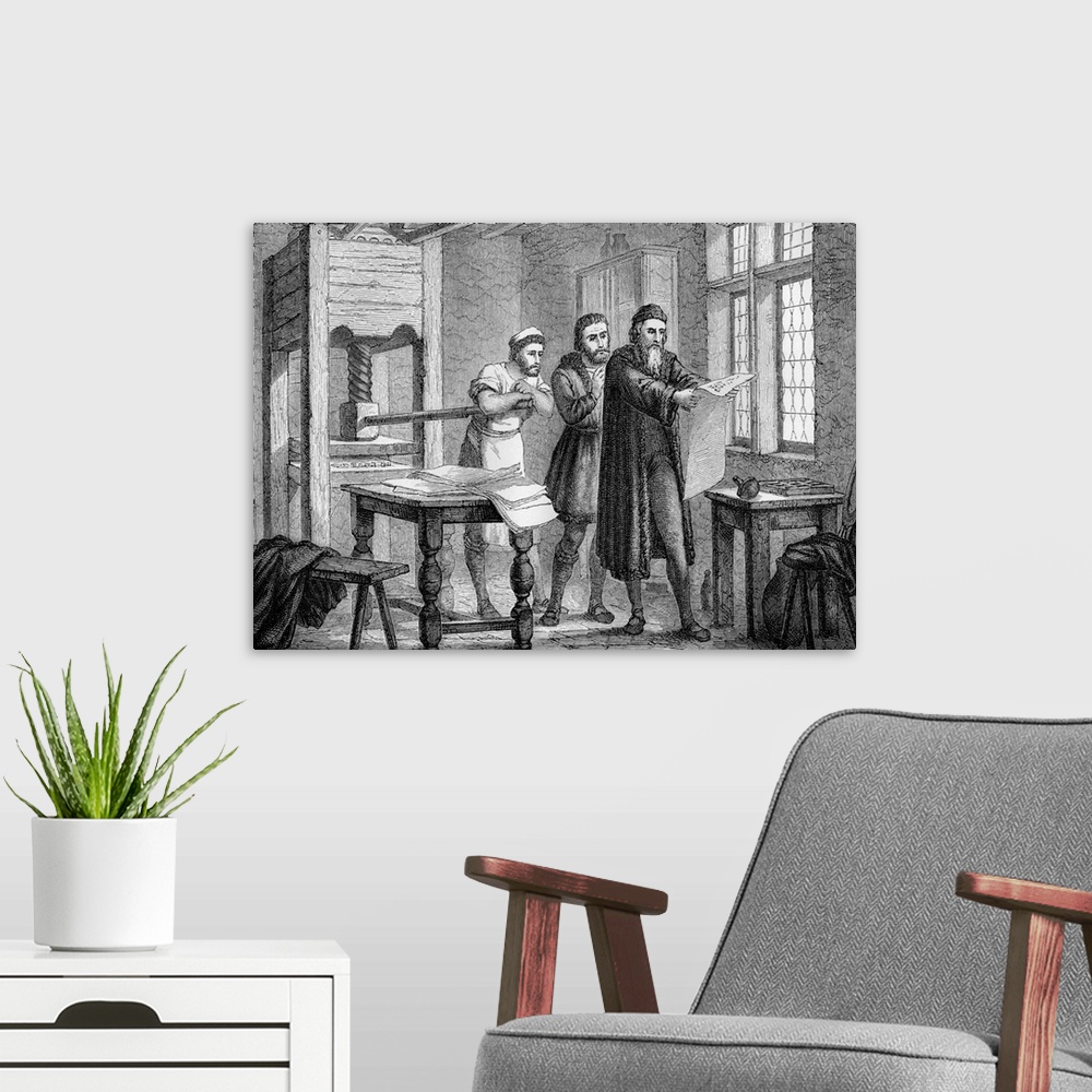 A modern room featuring Johann Gutenberg (1398-1468), German inventor of the printing press, with two assistants, examini...