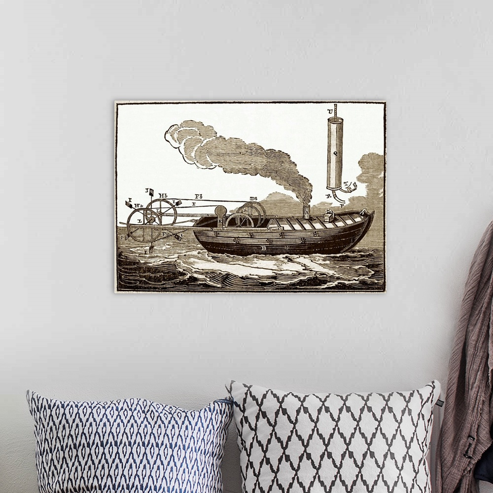 A bohemian room featuring Jonathan Hulls' steamboat, historical artwork. A patent for this steam-powered towboat was taken ...