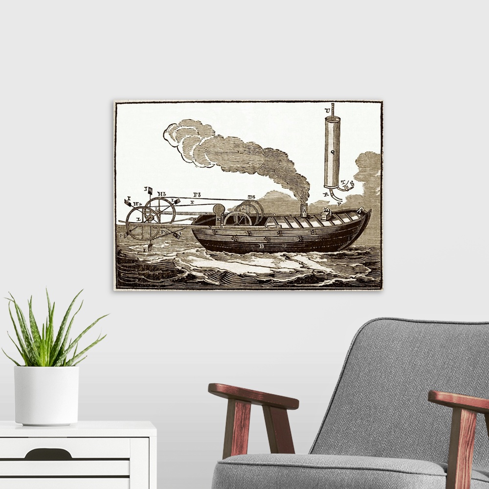 A modern room featuring Jonathan Hulls' steamboat, historical artwork. A patent for this steam-powered towboat was taken ...