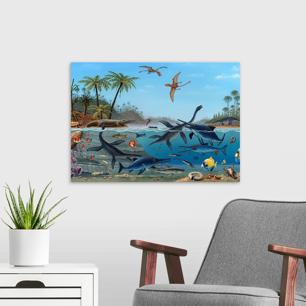 A modern room featuring Jurassic landscape. Coloured updating of the famous artwork Duria Antiquior (Ancient Devon), pain...