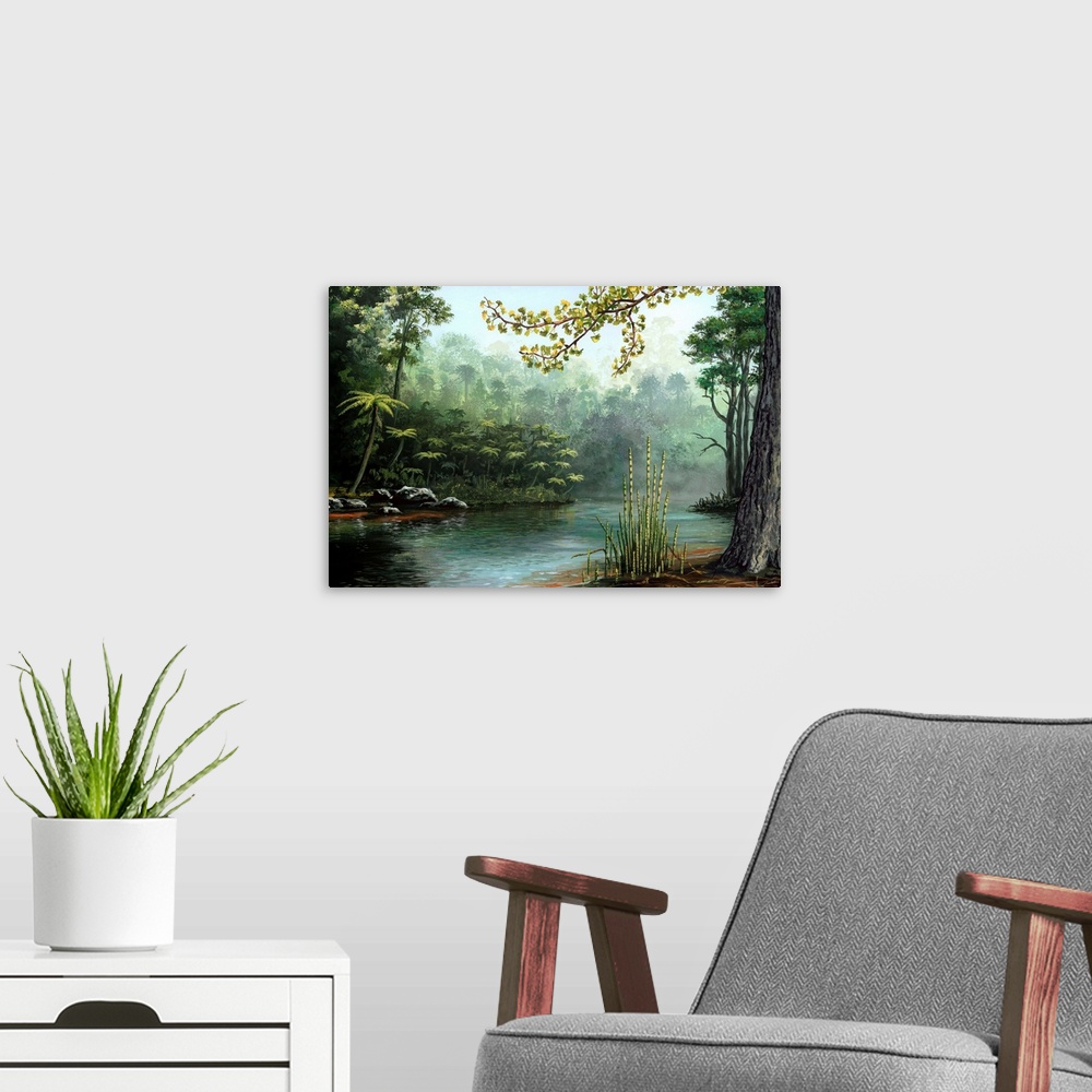 A modern room featuring Jurassic landscape. Artwork showing typical plants along a river during the Jurassic (200 to 145 ...
