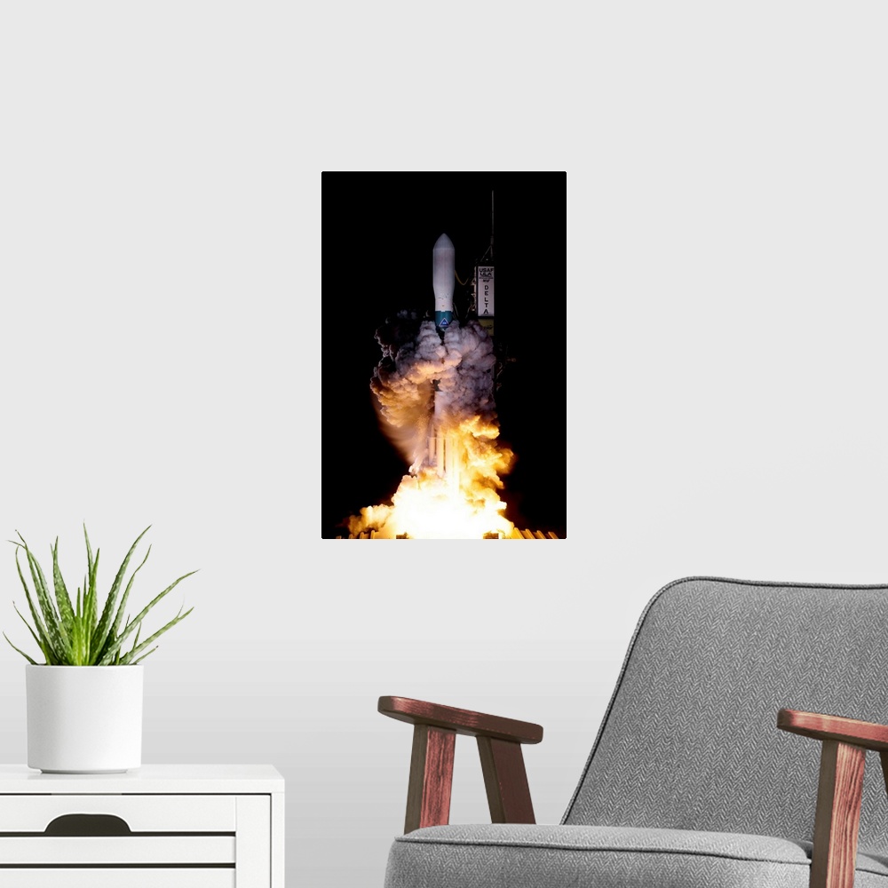 A modern room featuring Kepler Mission rocket launch. Delta II 7925 rocket taking off to launch NASA's Kepler Mission. Th...