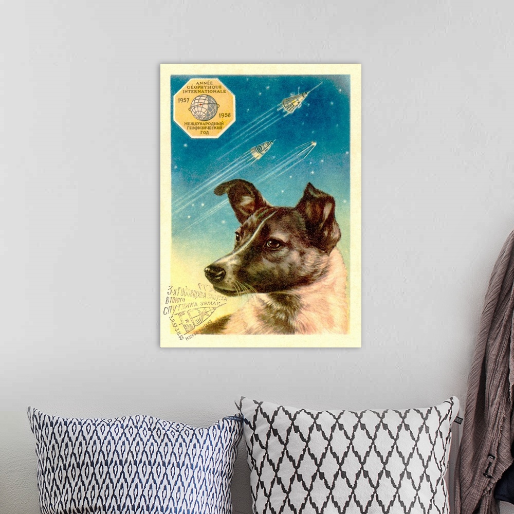A bohemian room featuring Laika the space dog postcard. Artwork on postcard of Laika, the bitch who became the first animal...