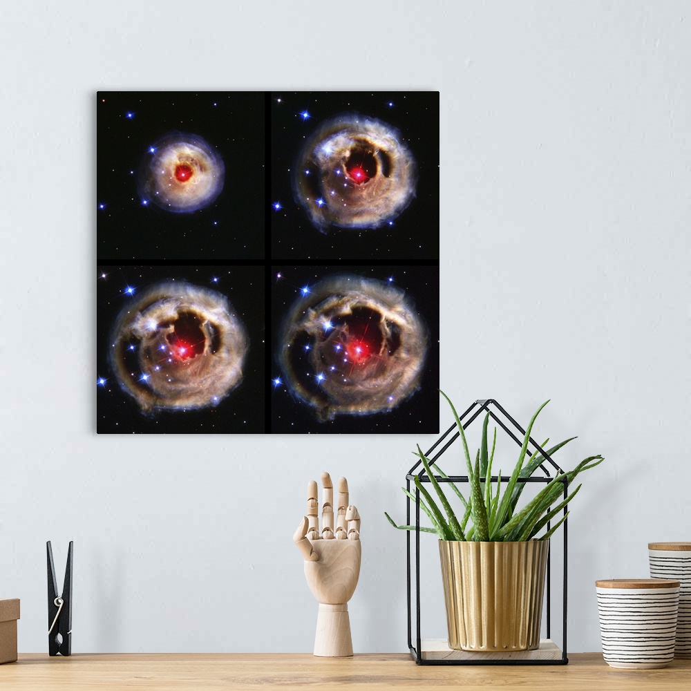 A bohemian room featuring Light echoes from an exploding star. Sequence of four Hubble Space Telescope images of dust shell...