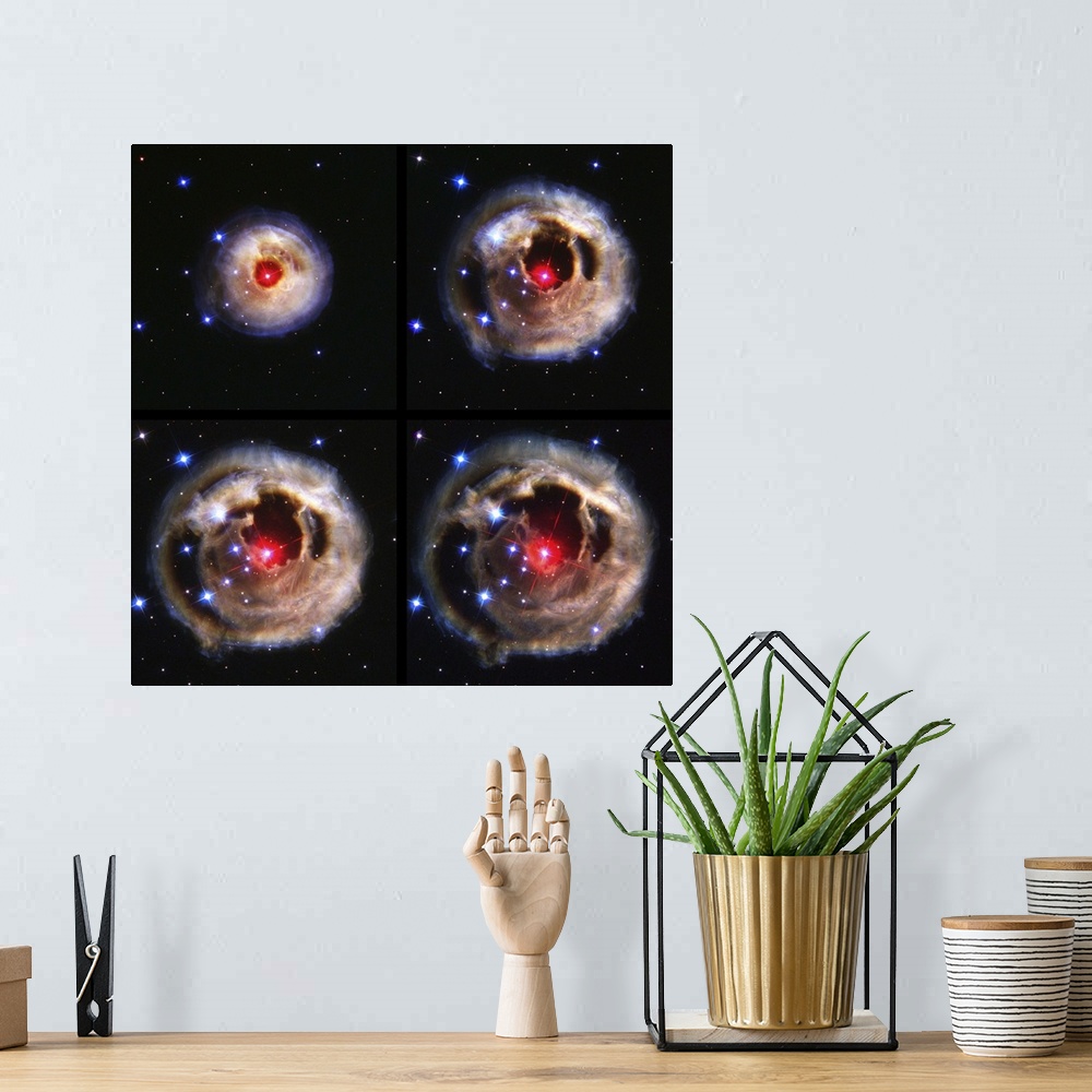 A bohemian room featuring Light echoes from an exploding star. Sequence of four Hubble Space Telescope images of dust shell...