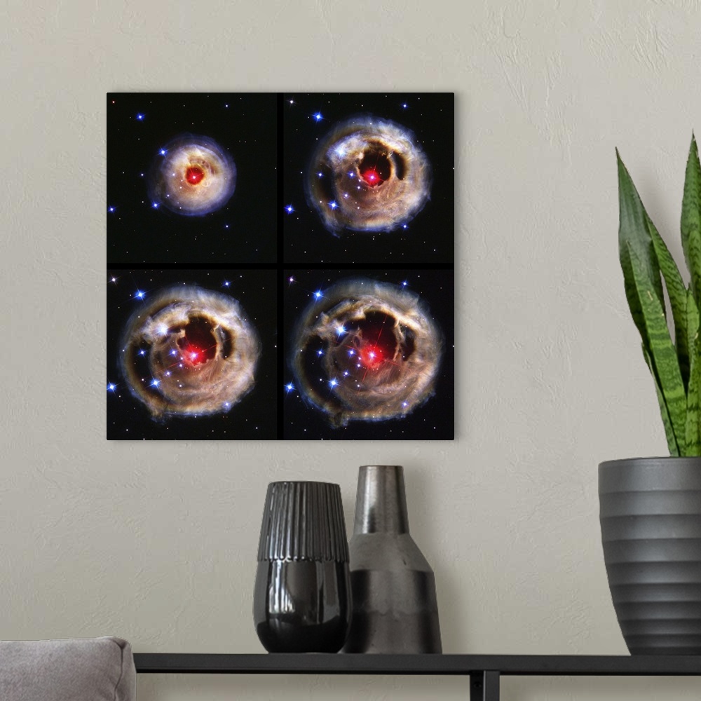 A modern room featuring Light echoes from an exploding star. Sequence of four Hubble Space Telescope images of dust shell...