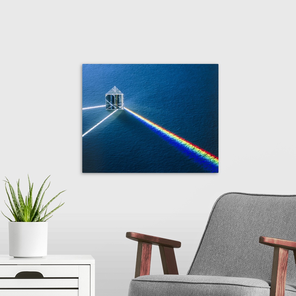 A modern room featuring A prism demonstrating refraction and reflection effects. A beam of white light strikes the prism,...