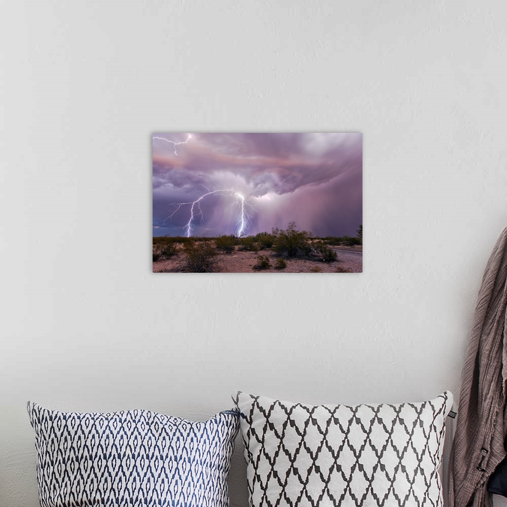 A bohemian room featuring Lightning strikes. Time-exposure image of lightning strikes in the desert during a thunderstorm. ...