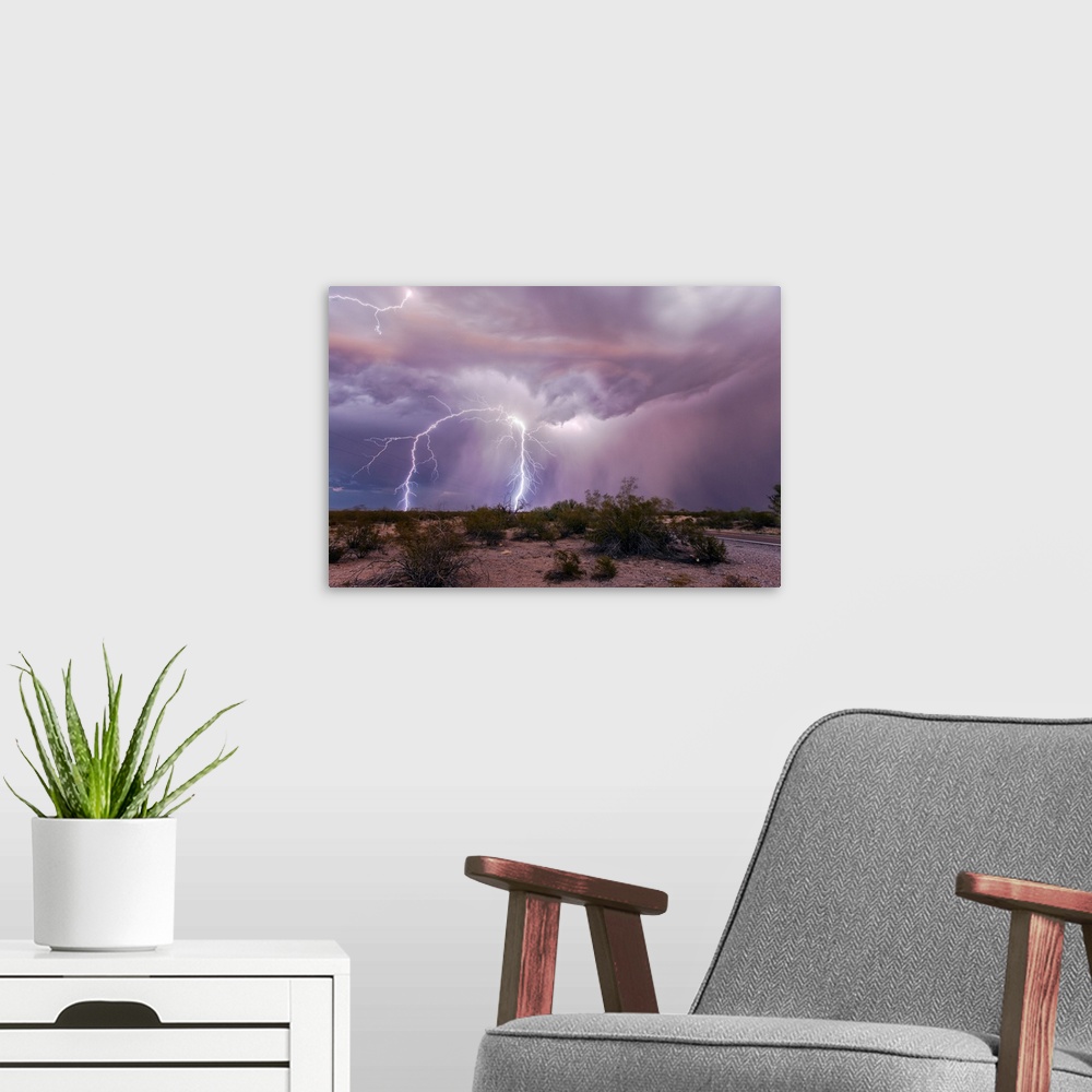 A modern room featuring Lightning strikes. Time-exposure image of lightning strikes in the desert during a thunderstorm. ...
