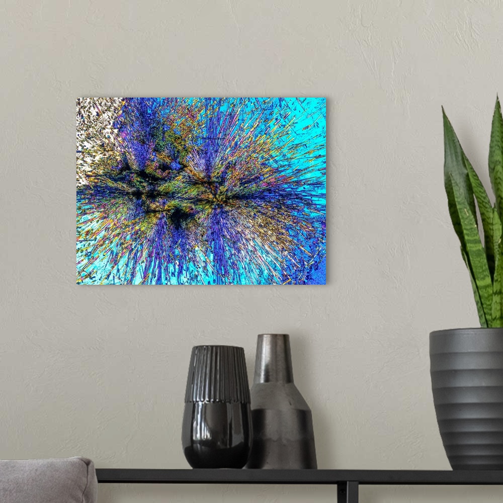 A modern room featuring Polarised light micrograph of a thin section of Luxulyanite, a very rare form of Tourmaline Grani...