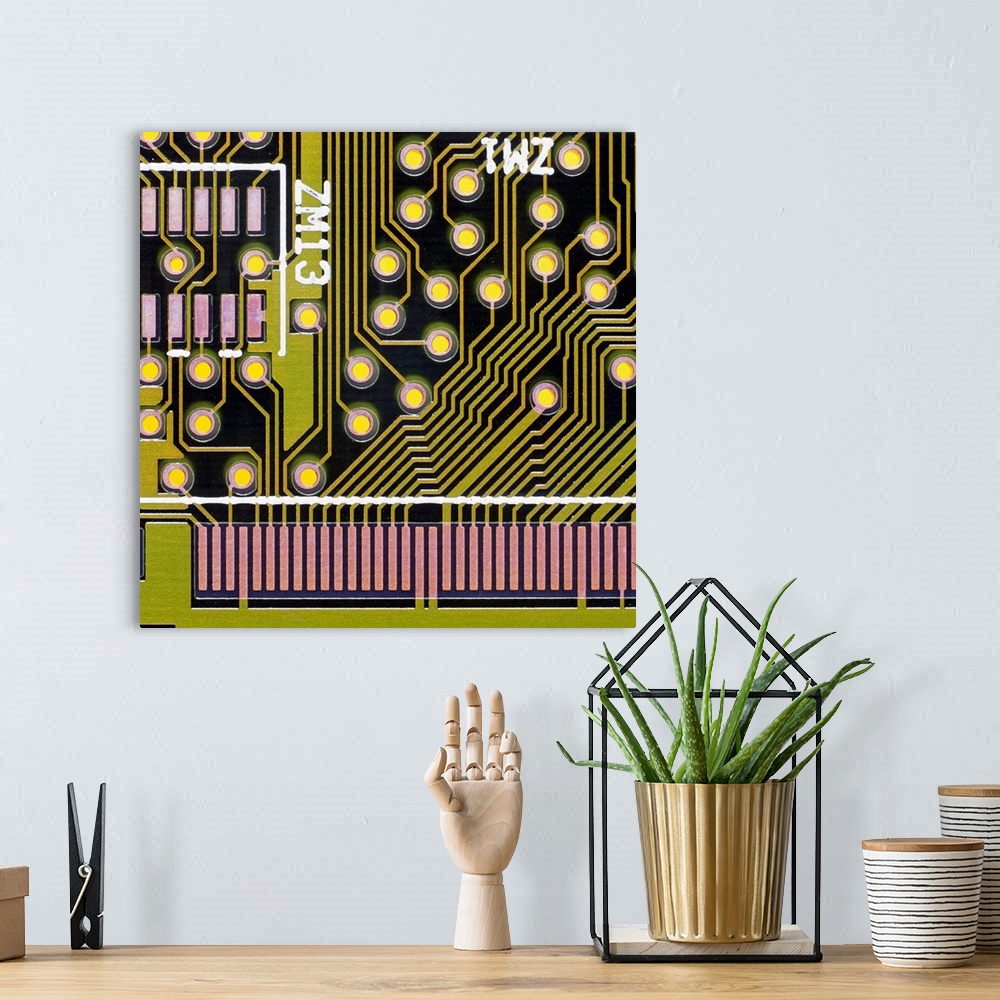 A bohemian room featuring Macrophotograph of the surface of a printed circuit board. The olive green areas are copper condu...