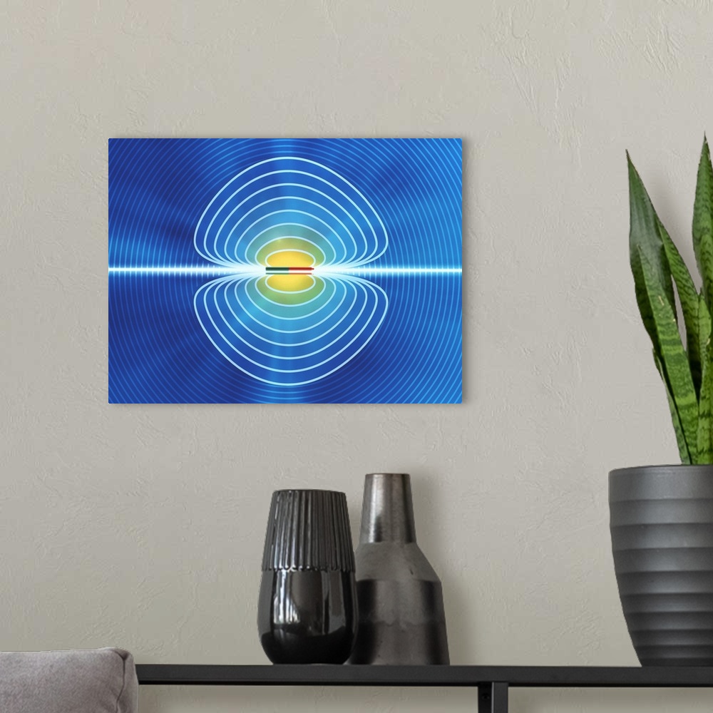 A modern room featuring Magnetic field. Computer artwork of the magnetic field around a magnet. The field is the three- d...