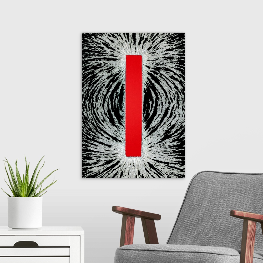 A modern room featuring Magnetic field. Bar magnet with iron filings aligned around it. The magnetic field induces magnet...