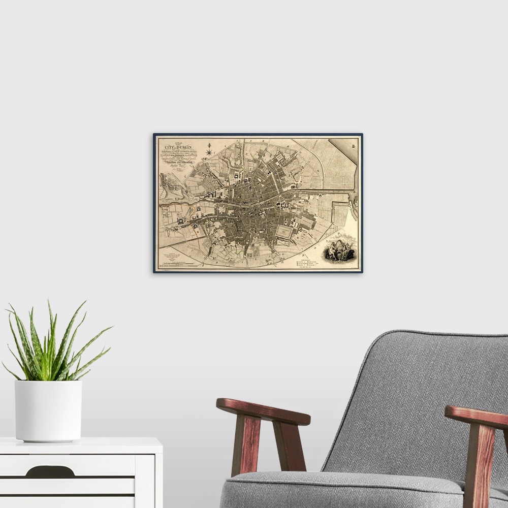 A modern room featuring Map of the City of Dublin, Ireland. Published in 1797, this map includes details of the canals be...