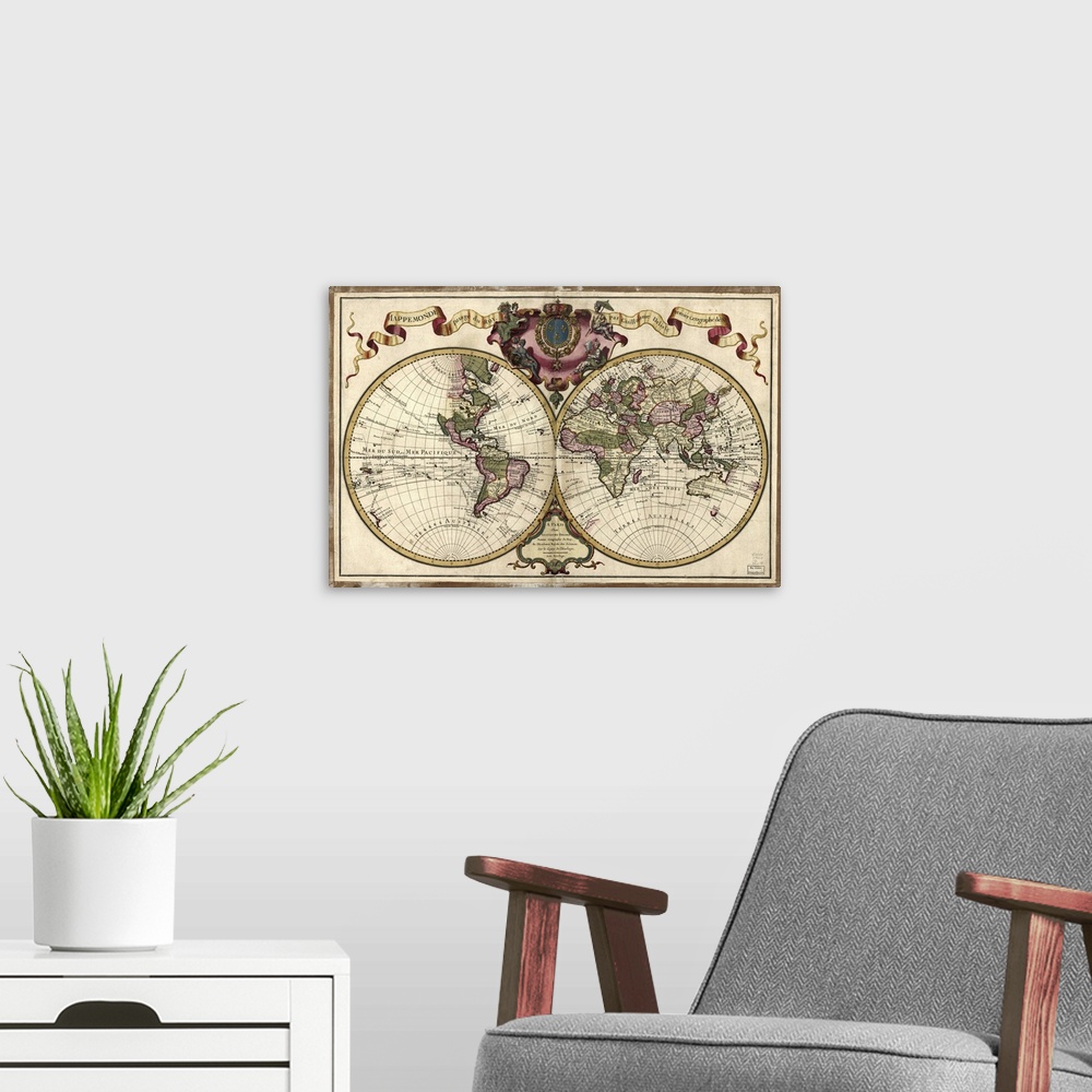 A modern room featuring Antique map of the world represented with two circles and the various areas of the globe depicted...