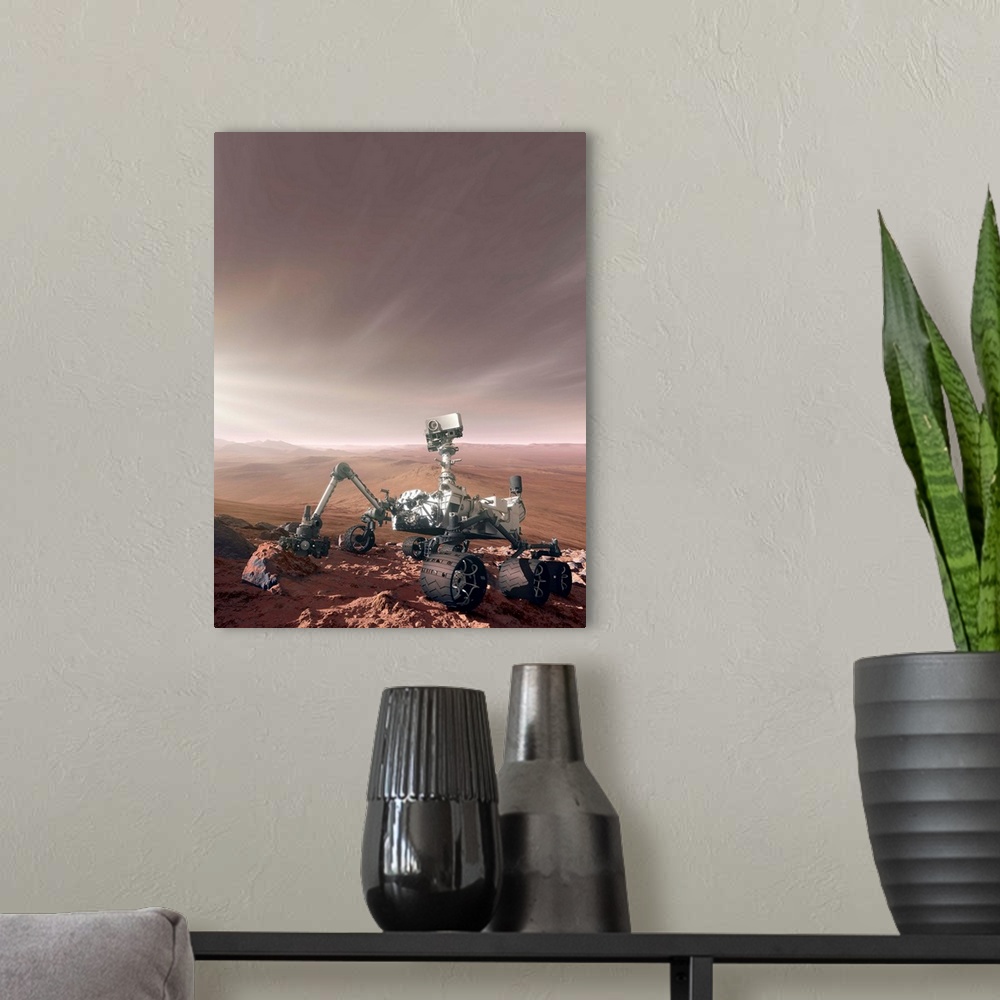 A modern room featuring Curiosity rover. Computer artwork of the Mars Science Laboratory (MSL) mission rover, Curiosity, ...