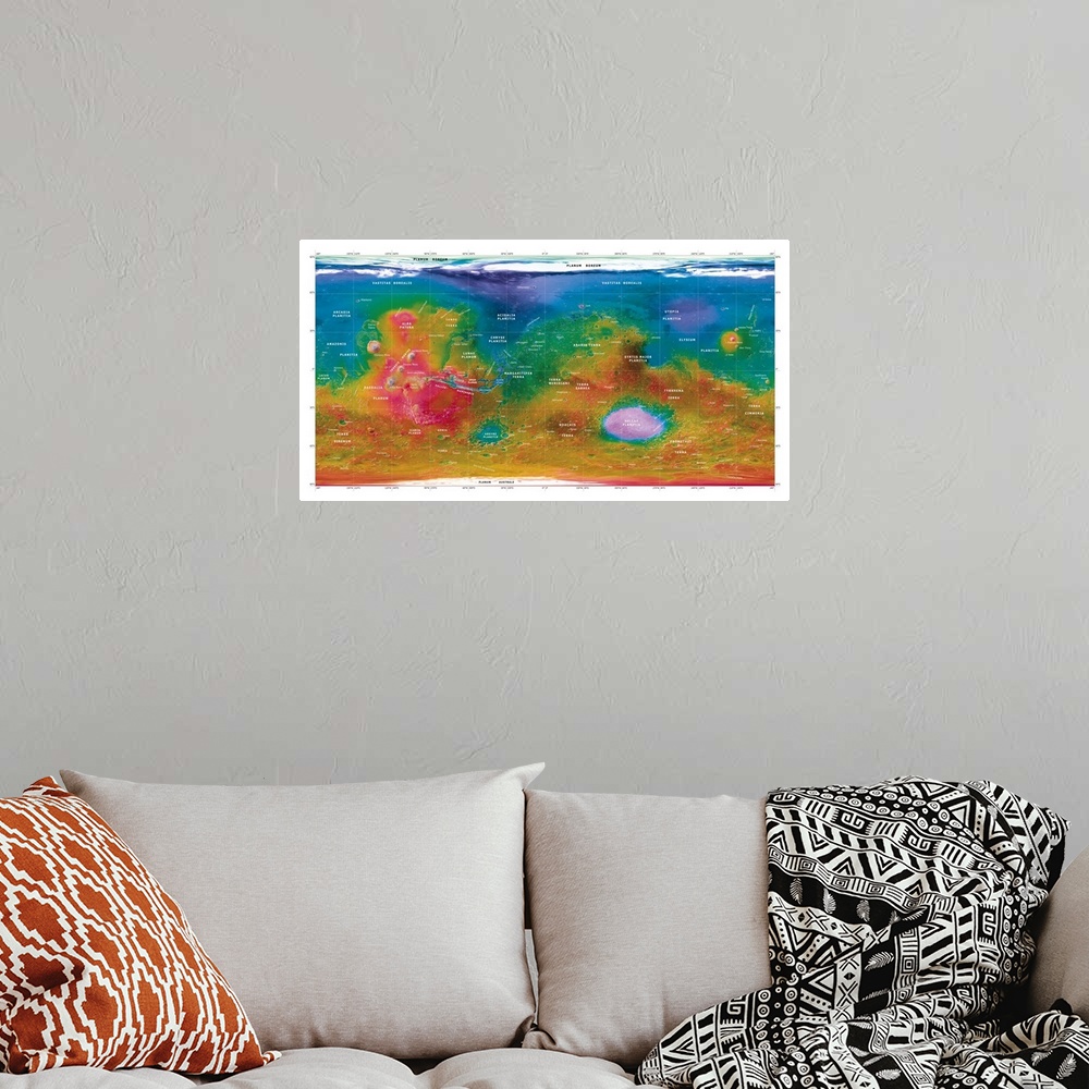 A bohemian room featuring Mars topographical map. Three-dimensional composite satellite image of the surface of Mars. Topog...