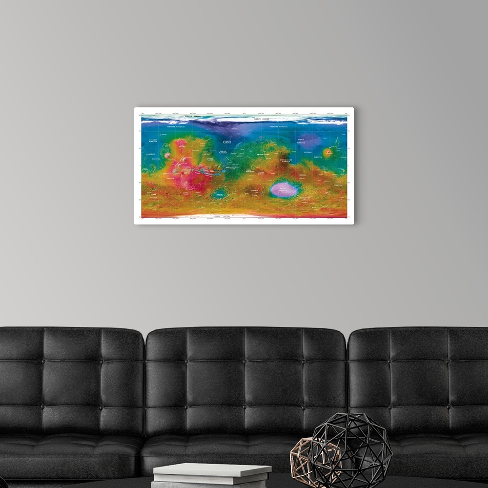 A modern room featuring Mars topographical map. Three-dimensional composite satellite image of the surface of Mars. Topog...