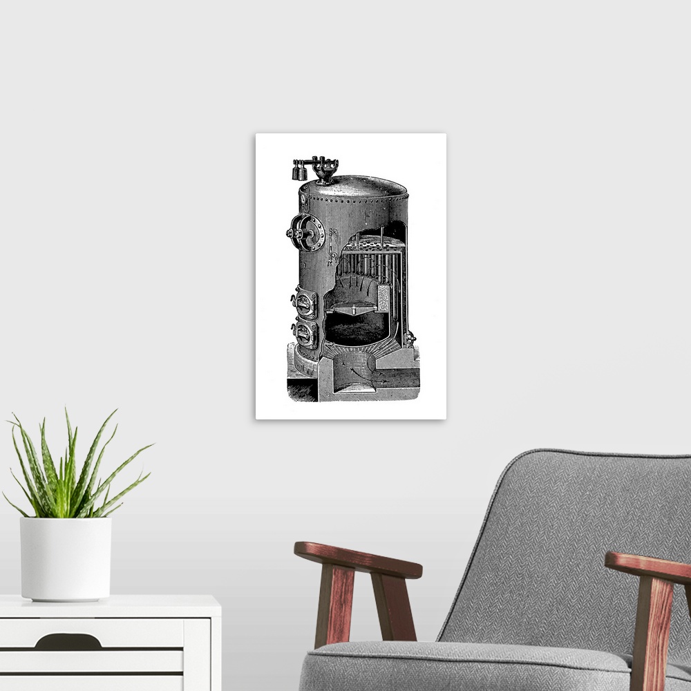 A modern room featuring Mathian steam boiler. Cutaway artwork showing the interior of a Mathian steam boiler. This design...