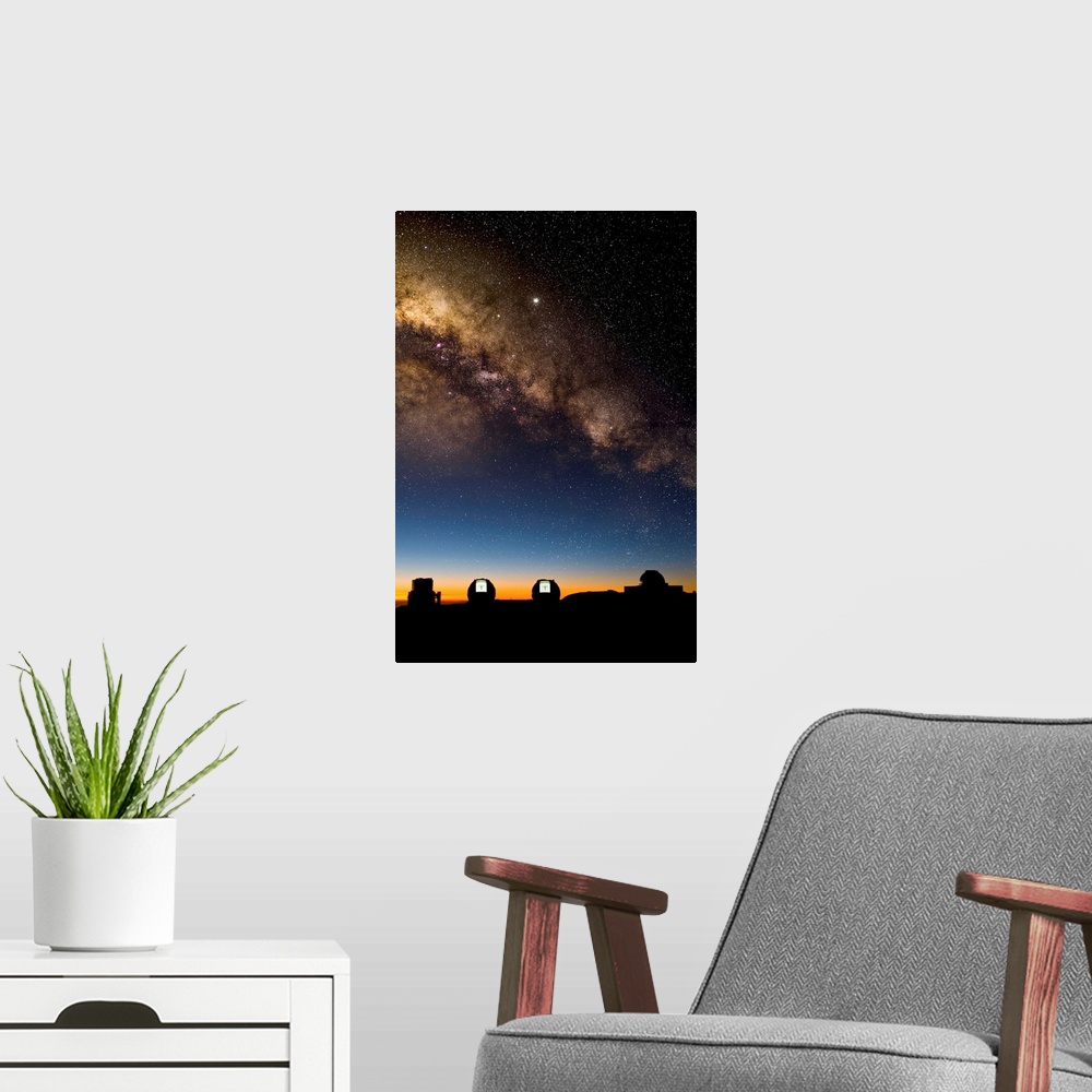 A modern room featuring Milky way and observatories. These observatories are on the summit of Mauna Kea, Hawaii, USA. Fro...