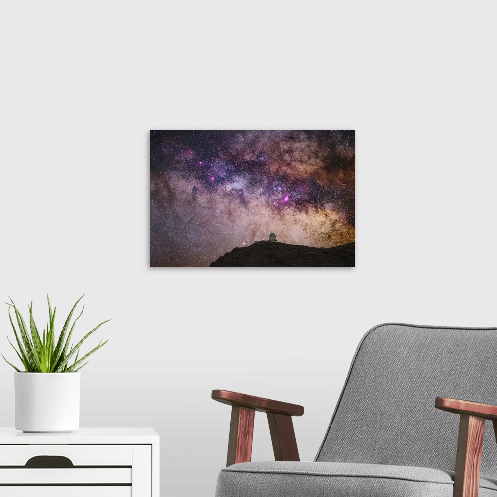 A modern room featuring Milky Way over the Nordic Optical Telescope (NOT) telescope, Roque de los Muchachos Observatory, ...