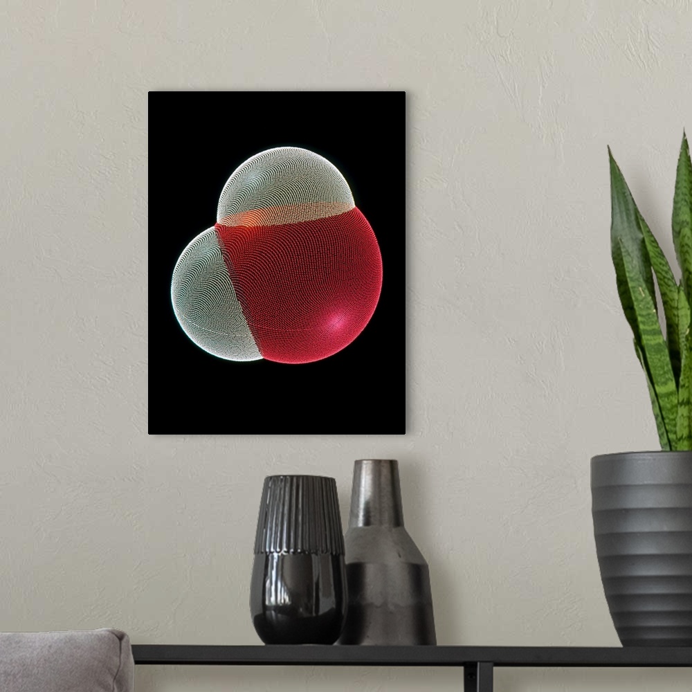 A modern room featuring Water molecule. Computer graphic of a molecule of water (H20). The dotted spheres are a Van Der W...