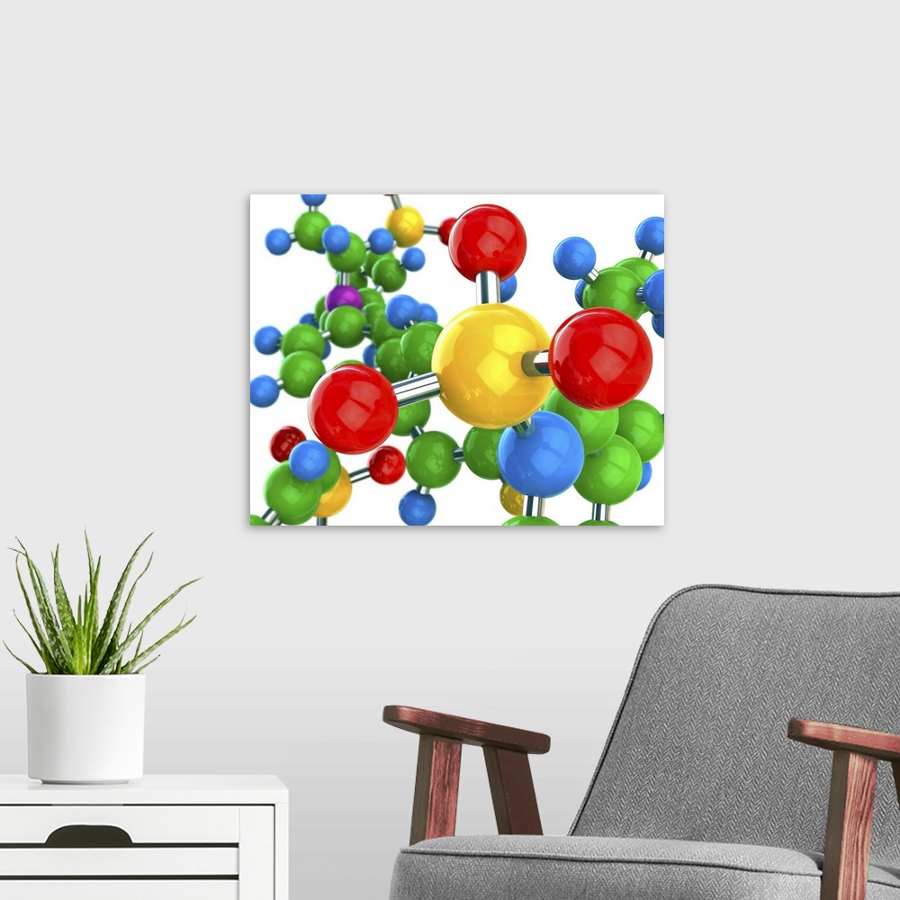 A modern room featuring Molecular structure. Computer artwork of a conceptual molecule. Atoms are represented as balls, t...