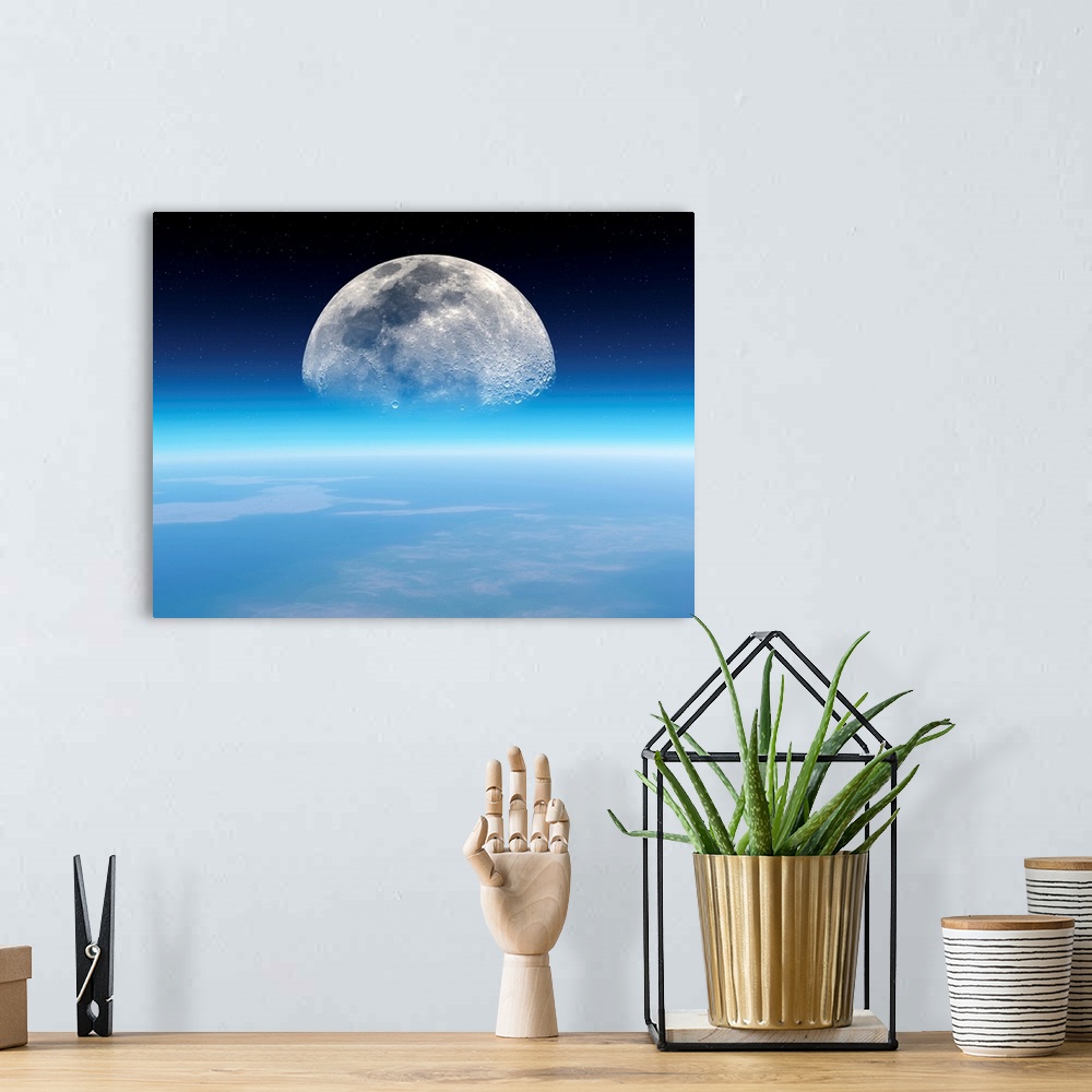 A bohemian room featuring Moonrise over Earth. View across the Earth's outer atmosphere towards the moon rising on the hori...