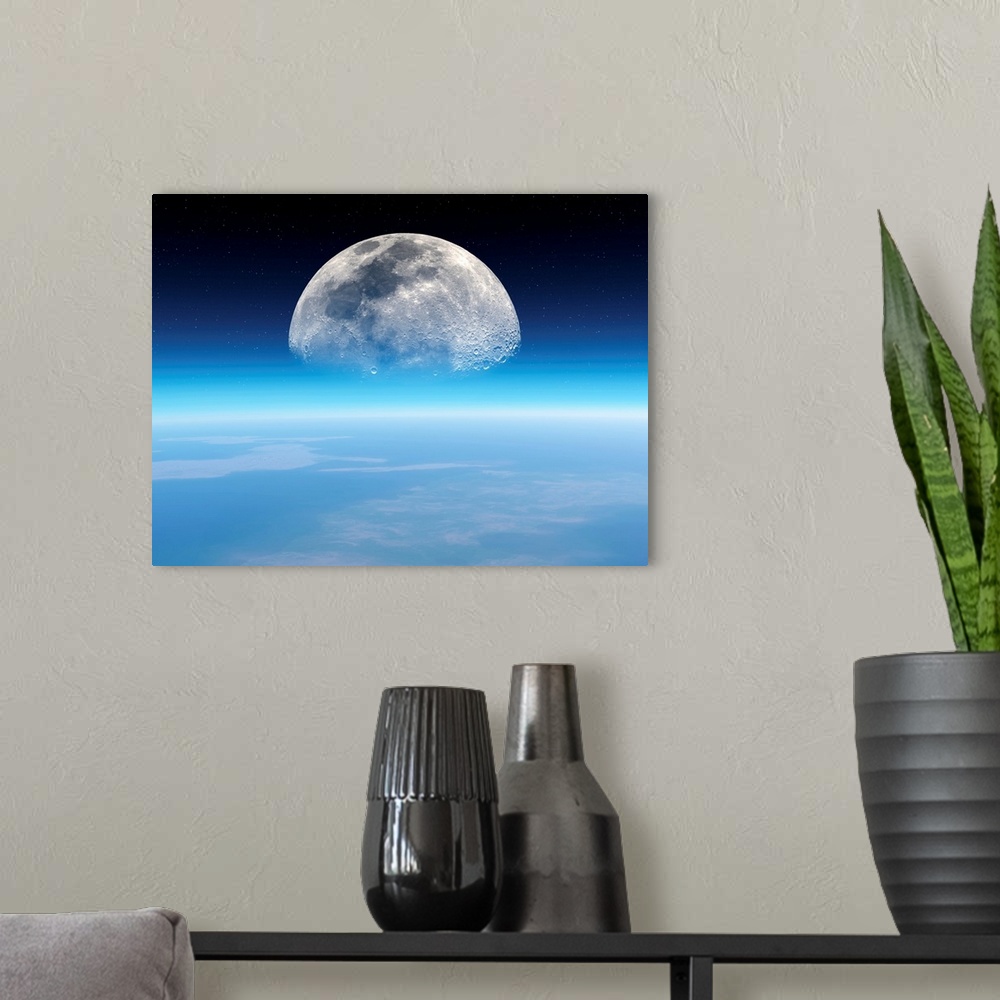A modern room featuring Moonrise over Earth. View across the Earth's outer atmosphere towards the moon rising on the hori...