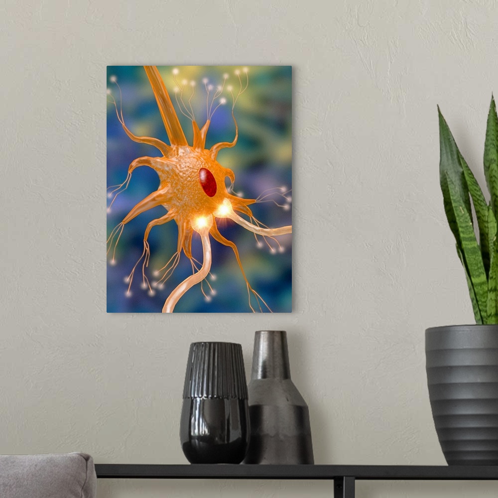 A modern room featuring Motor neurone and synapses. Computer graphic of a motor neurone and synapses (glowing yellow bulg...
