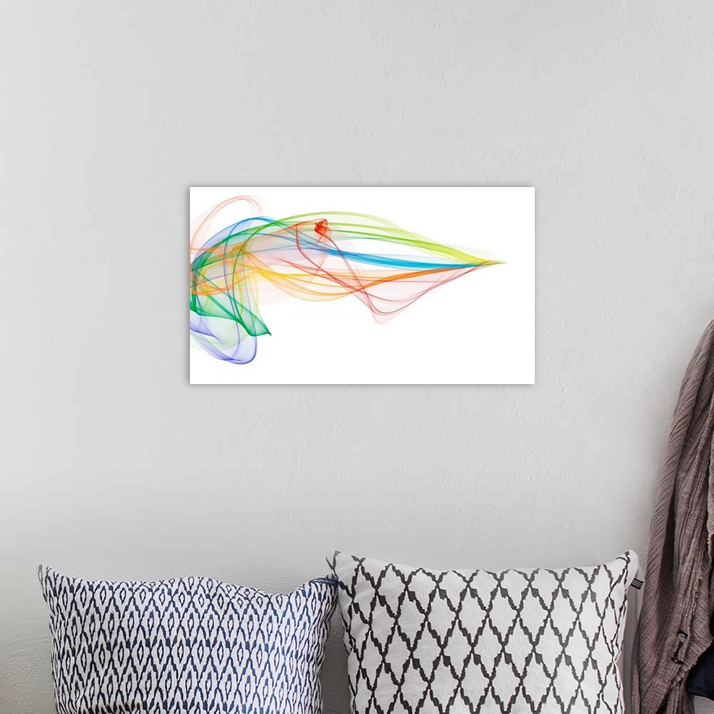 A bohemian room featuring Multicoloured swirls and lines against a white background, illustration.