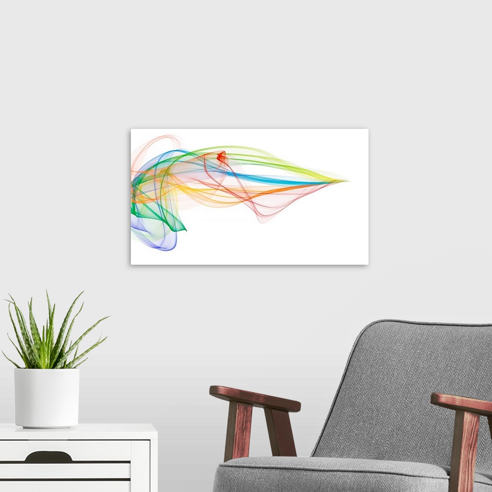 A modern room featuring Multicoloured swirls and lines against a white background, illustration.