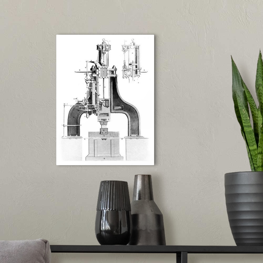 A modern room featuring Nasmyth's steam hammer. 19th Century artwork showing the workings of a steam hammer invented in 1...