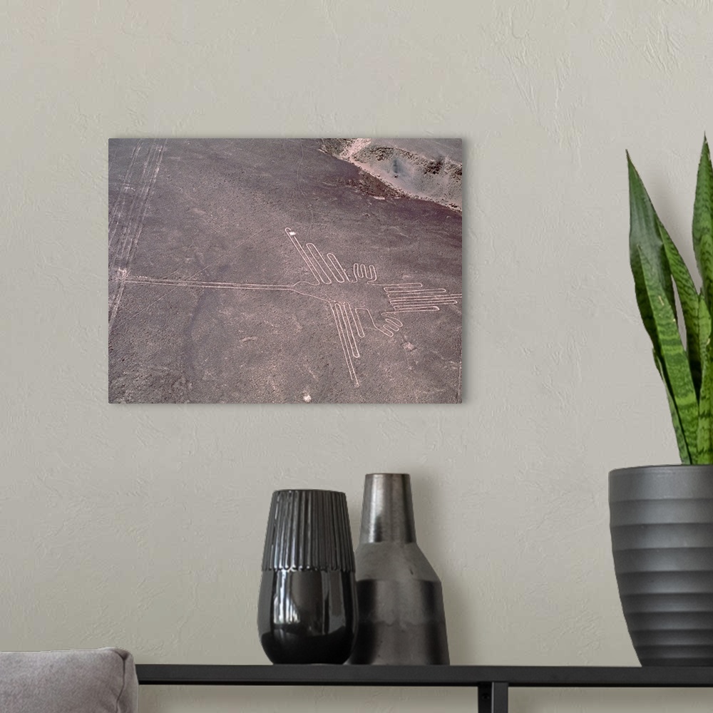 A modern room featuring Nazca lines. Aerial photograph of a geoglyph, or landscape drawing, in the coastal desert of sout...