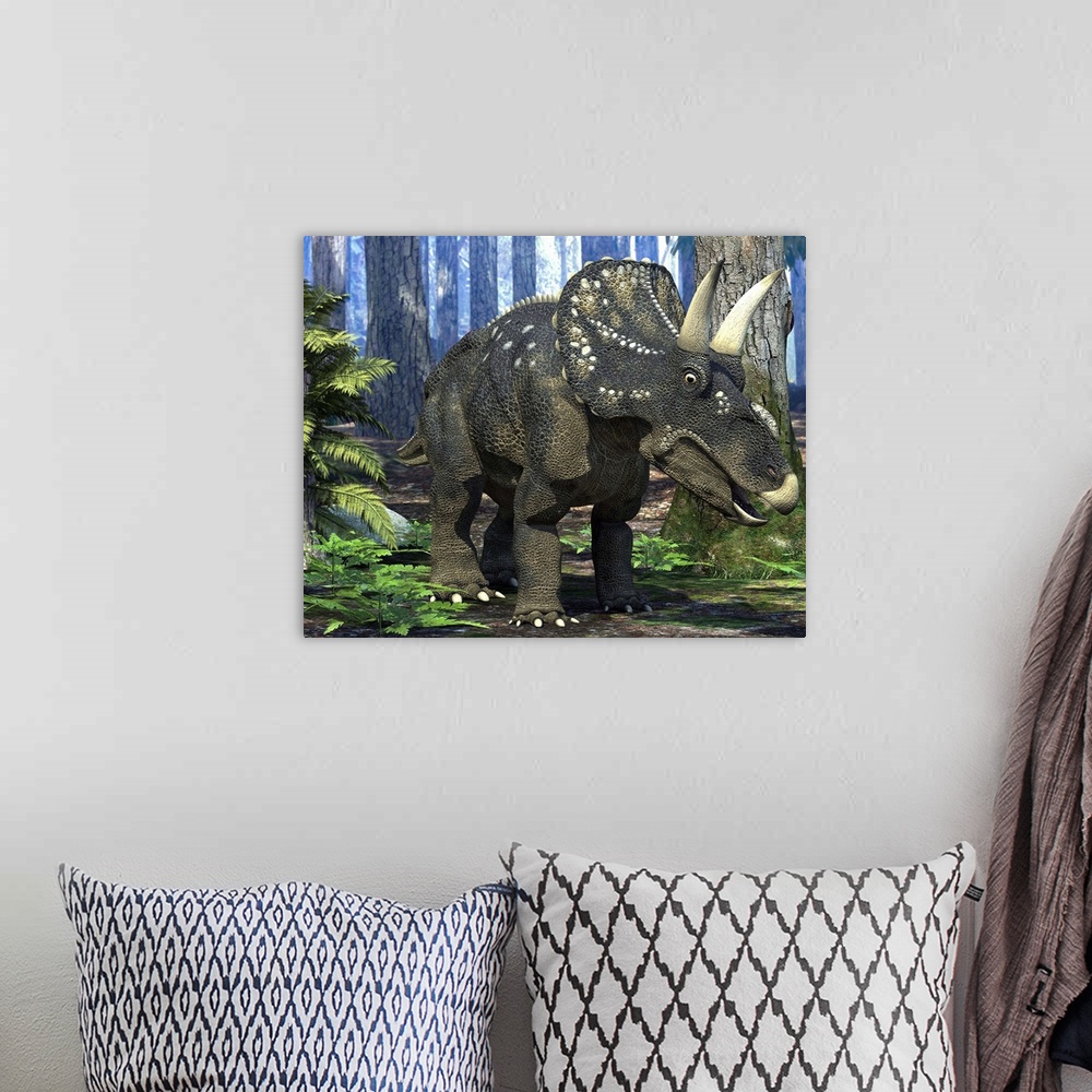 A bohemian room featuring Nedoceratops dinosaur in a prehistoric forest, computer artwork. Formerly known as Diceratops, th...