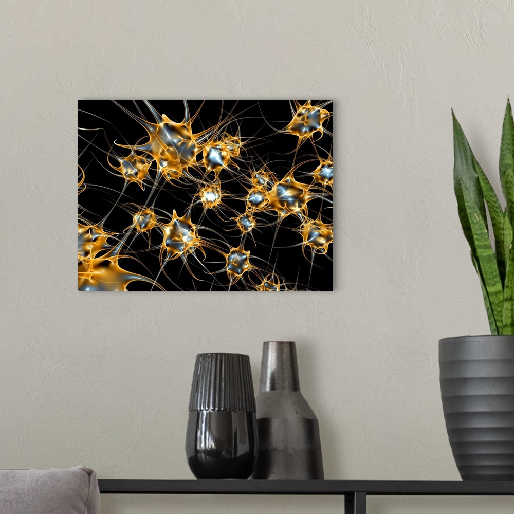 A modern room featuring Neural network. Computer artwork of nerve cells or neurons. Neurons are responsible for passing i...