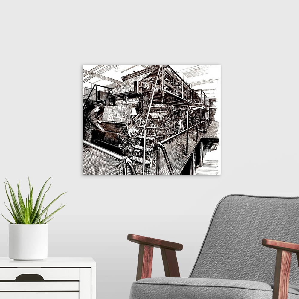 A modern room featuring Newspaper press. Historical artwork of a 1931 double cylinder rotary web perfecting press used to...