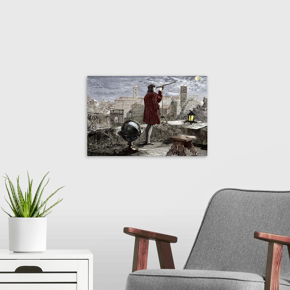 A modern room featuring Nicolaus Copernicus (1473-1543) observing a lunar eclipse in Rome in 1500, coloured historical ar...
