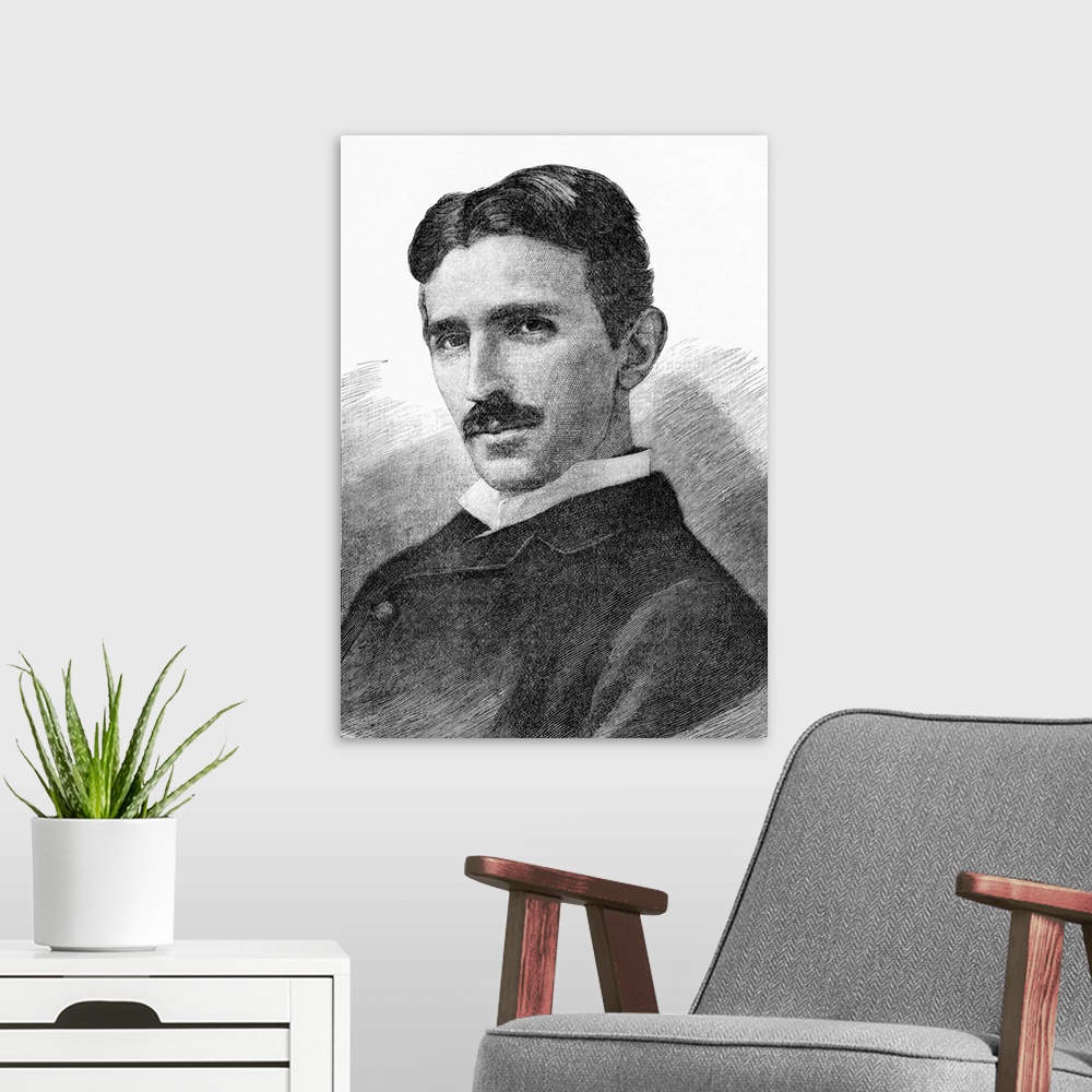 A modern room featuring Nikola Tesla (1856-1943), Serb-US physicist and electrical engineer. Tesla was educated at Graz a...