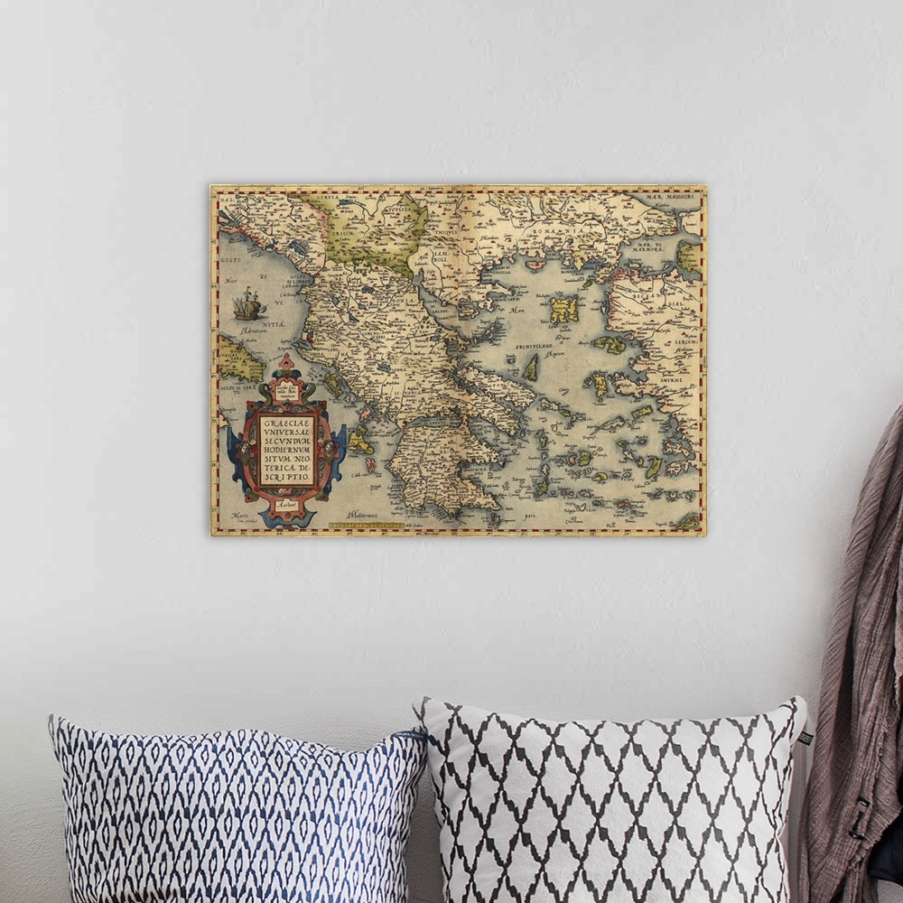 A bohemian room featuring Ortelius's map of Greece. This map is from the 1570 first edition of Theatrum orbis terrarum ('Th...