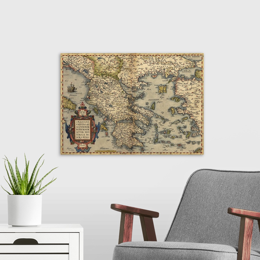 A modern room featuring Ortelius's map of Greece. This map is from the 1570 first edition of Theatrum orbis terrarum ('Th...