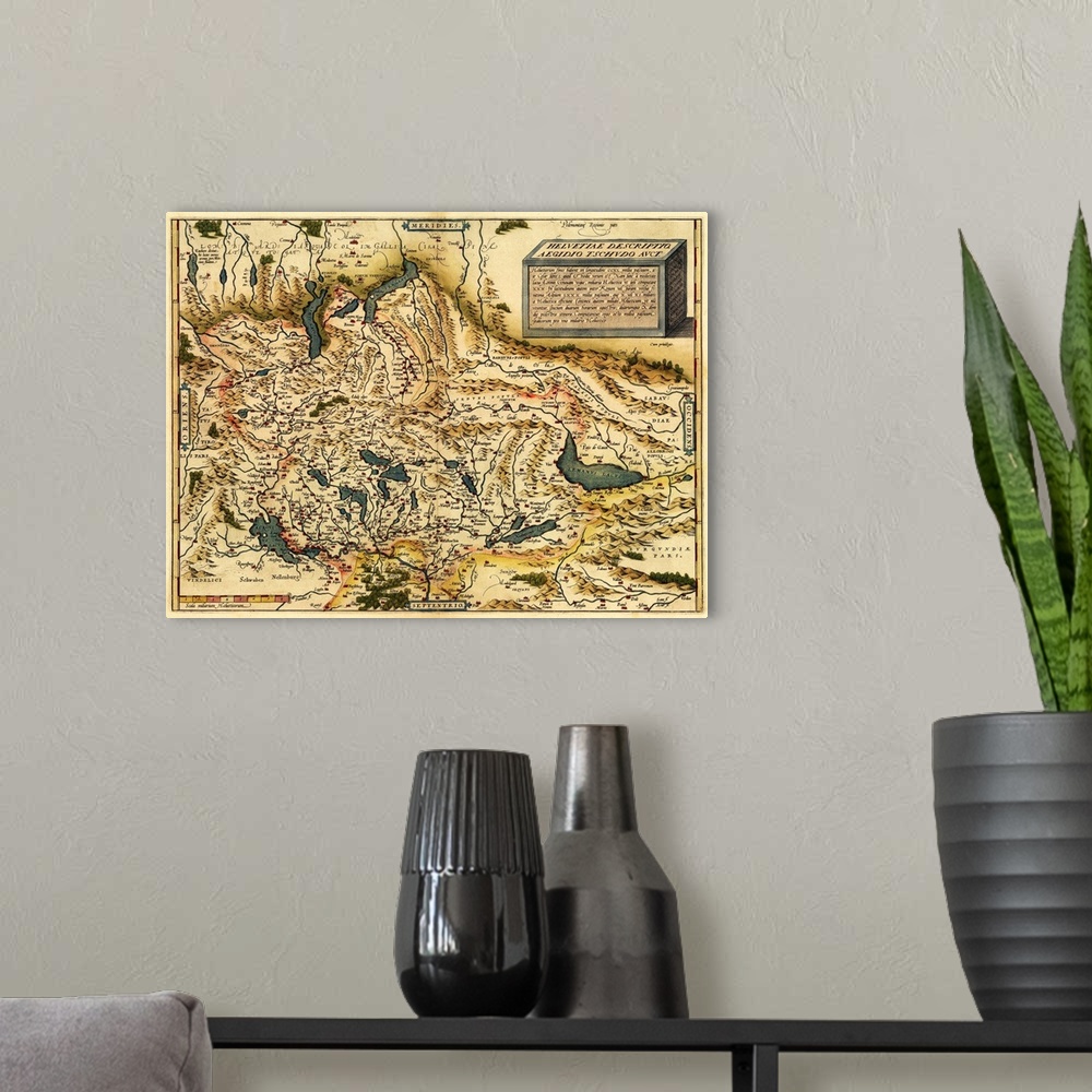 A modern room featuring Ortelius's map of Switzerland. This map is from the 1570 first edition of Theatrum orbis terrarum...